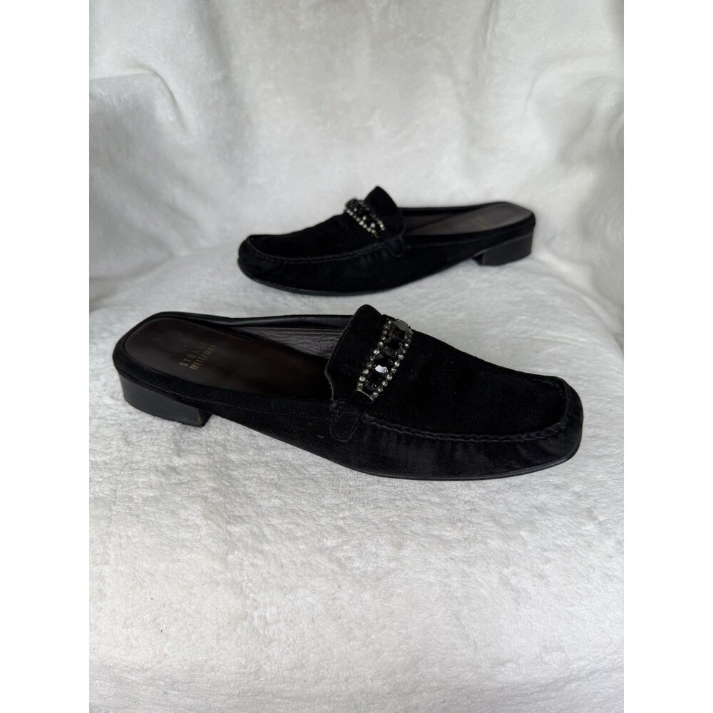 Stuart Weitzman Bedrock Black Suede Mules/Stone Buckles 11N